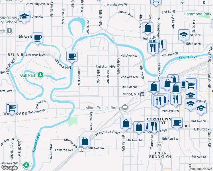 map of restaurants, bars, coffee shops, grocery stores, and more near 101 7th Street Southwest in Minot