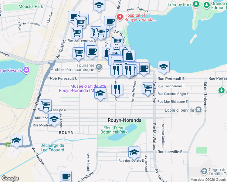map of restaurants, bars, coffee shops, grocery stores, and more near 212 Avenue Principale in Rouyn-Noranda