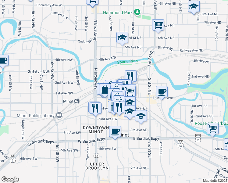 map of restaurants, bars, coffee shops, grocery stores, and more near 1 West Central Avenue in Minot
