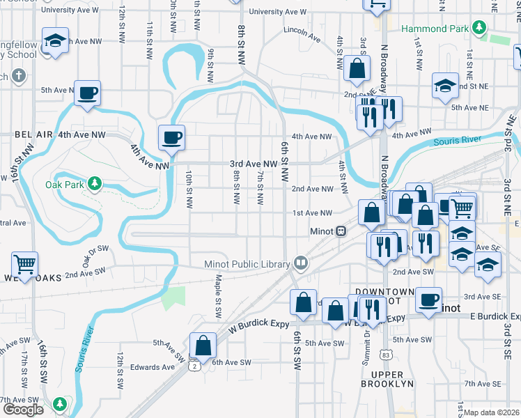map of restaurants, bars, coffee shops, grocery stores, and more near 115 7th Street Northwest in Minot