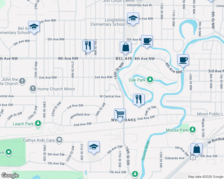 map of restaurants, bars, coffee shops, grocery stores, and more near 17th Street Northwest in Minot