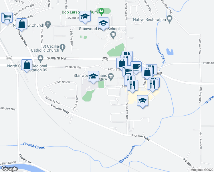 map of restaurants, bars, coffee shops, grocery stores, and more near 7299 265th Street Northwest in Stanwood