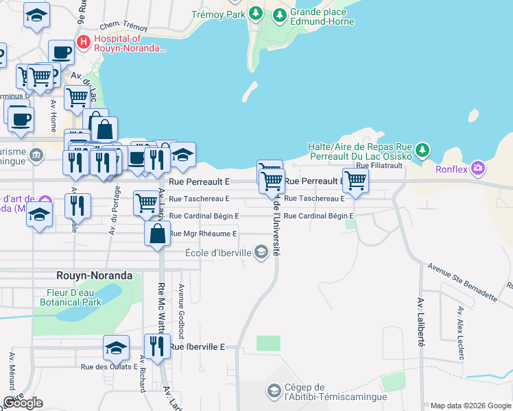 map of restaurants, bars, coffee shops, grocery stores, and more near 378 Rue Taschereau Est in Rouyn-Noranda