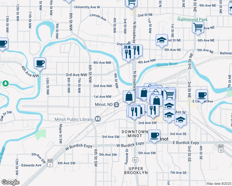 map of restaurants, bars, coffee shops, grocery stores, and more near 421 1st Ave NW in Minot