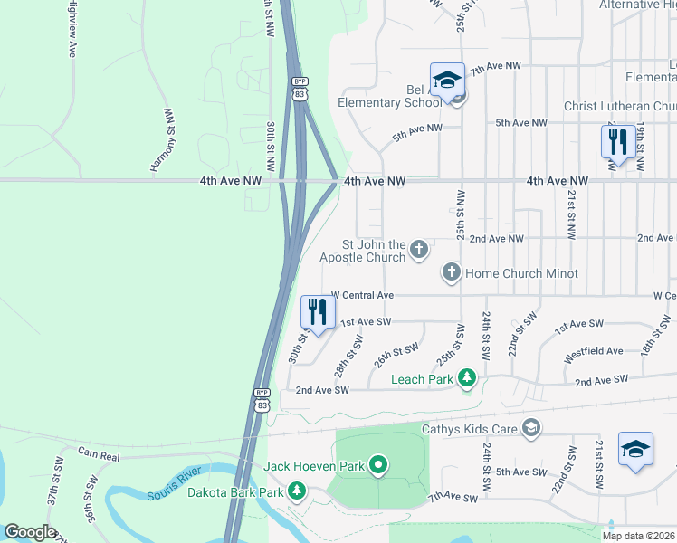 map of restaurants, bars, coffee shops, grocery stores, and more near 129 30th Street Northwest in Minot