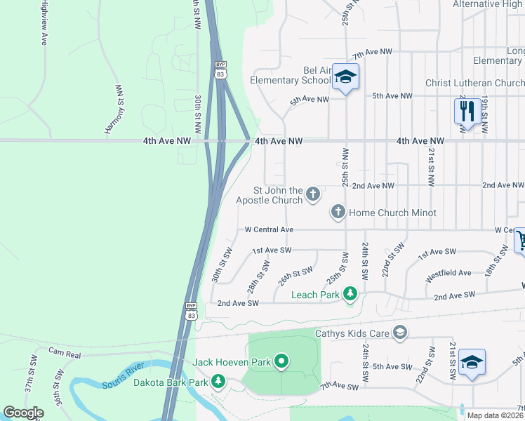 map of restaurants, bars, coffee shops, grocery stores, and more near 129 30th Street Northwest in Minot