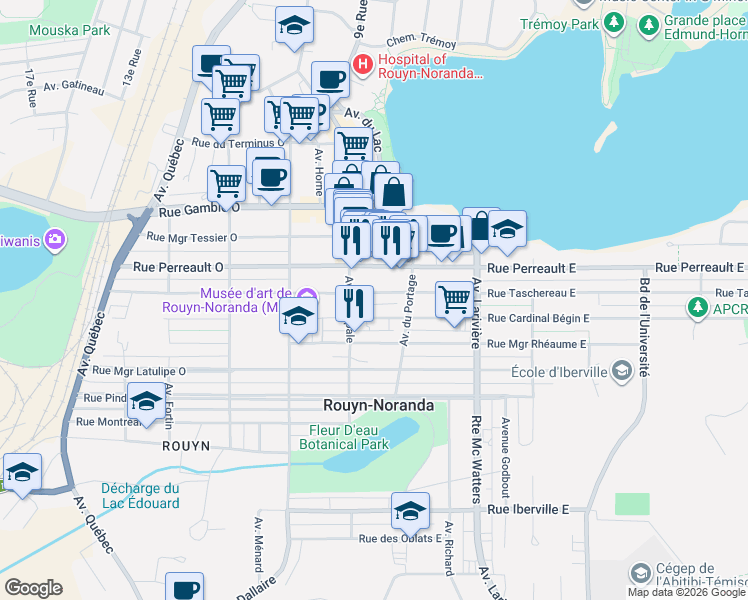 map of restaurants, bars, coffee shops, grocery stores, and more near 32 Rue Taschereau Est in Rouyn-Noranda