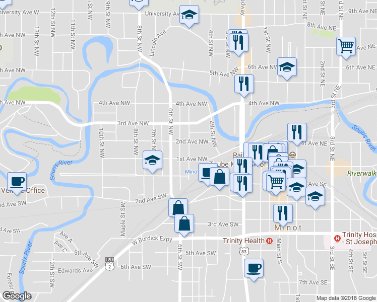 map of restaurants, bars, coffee shops, grocery stores, and more near 107 5th Street Northwest in Minot