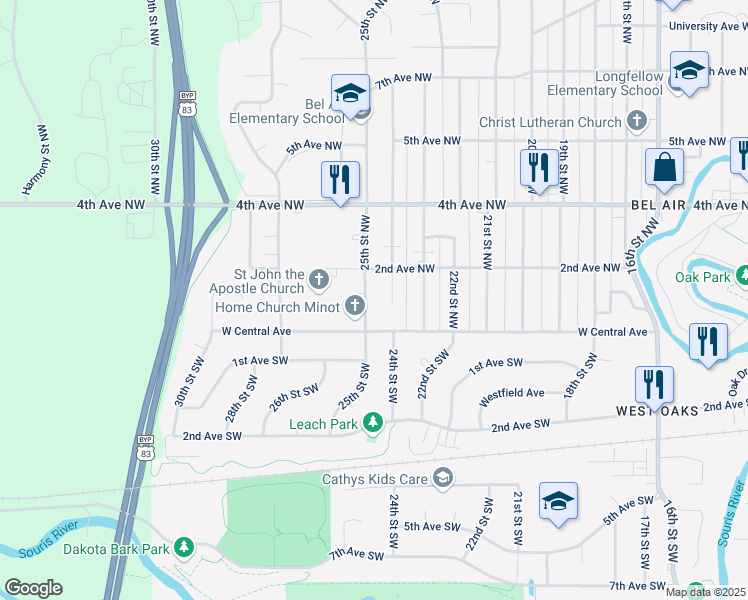 map of restaurants, bars, coffee shops, grocery stores, and more near 15 24th Street Northwest in Minot