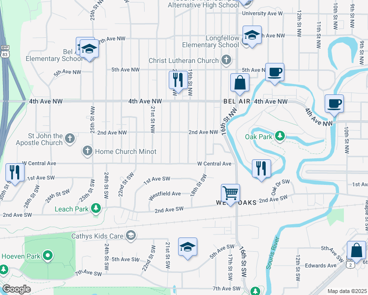 map of restaurants, bars, coffee shops, grocery stores, and more near 14 19th Street Northwest in Minot