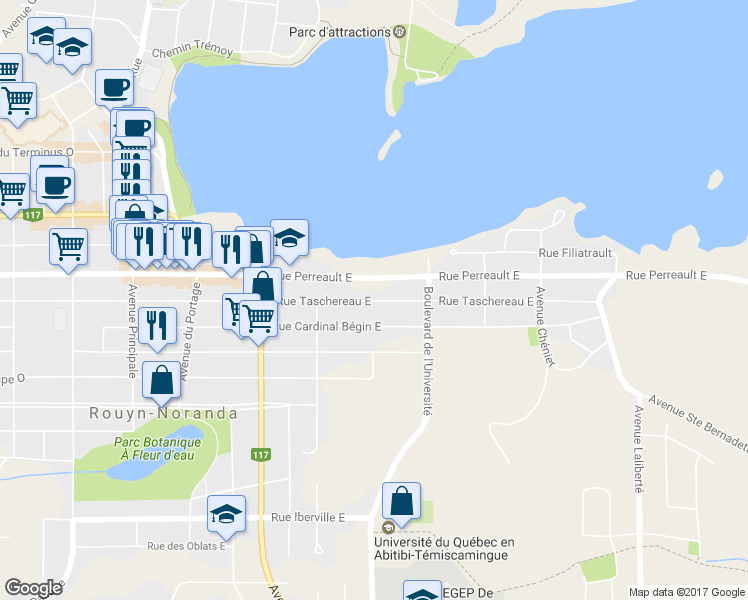 map of restaurants, bars, coffee shops, grocery stores, and more near Rue Taschereau Est in Rouyn-Noranda