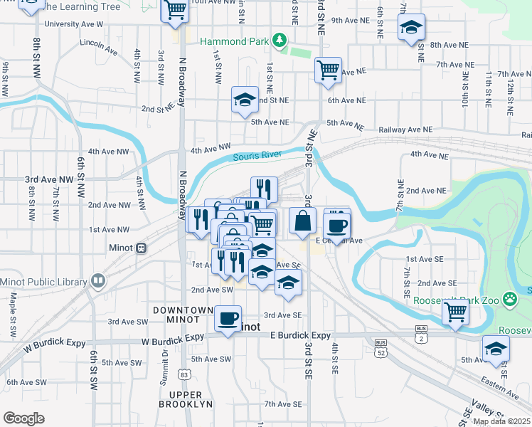 map of restaurants, bars, coffee shops, grocery stores, and more near 21 2nd Street Northeast in Minot