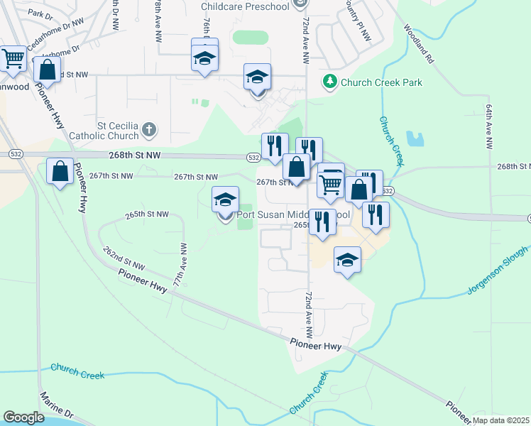 map of restaurants, bars, coffee shops, grocery stores, and more near 7213 267th Street Northwest in Stanwood