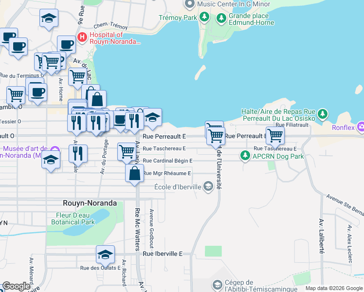 map of restaurants, bars, coffee shops, grocery stores, and more near 321 Rue Taschereau Est in Rouyn-Noranda