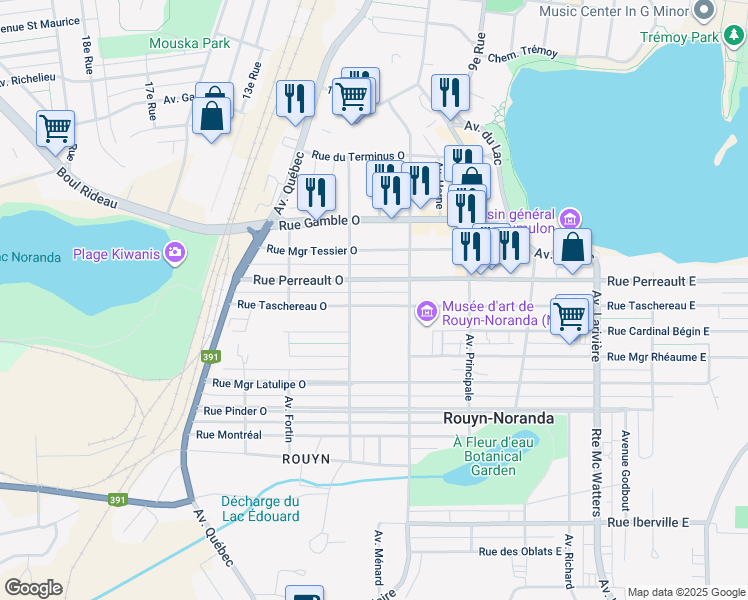 map of restaurants, bars, coffee shops, grocery stores, and more near 134 Rue Taschereau Ouest in Rouyn-Noranda