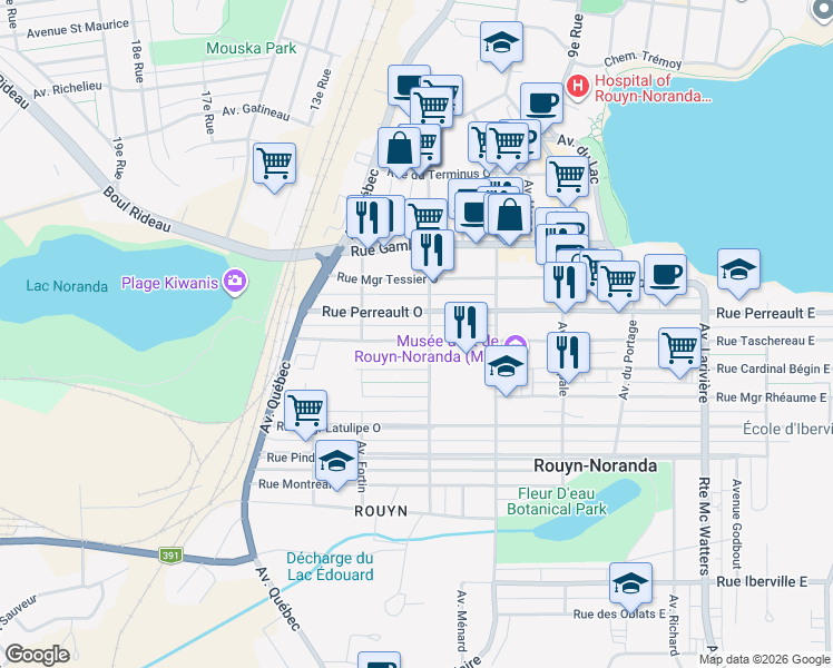 map of restaurants, bars, coffee shops, grocery stores, and more near 184 Rue Taschereau Ouest in Rouyn-Noranda