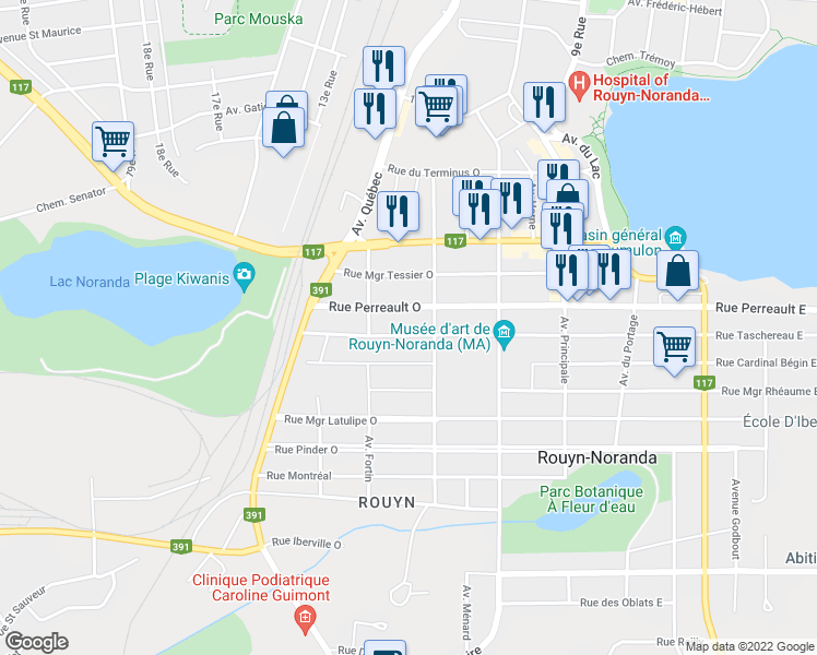 map of restaurants, bars, coffee shops, grocery stores, and more near 200 Rue Taschereau Ouest in Rouyn-Noranda