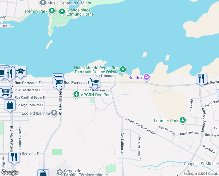 map of restaurants, bars, coffee shops, grocery stores, and more near 641 Rue Taschereau Est in Rouyn-Noranda