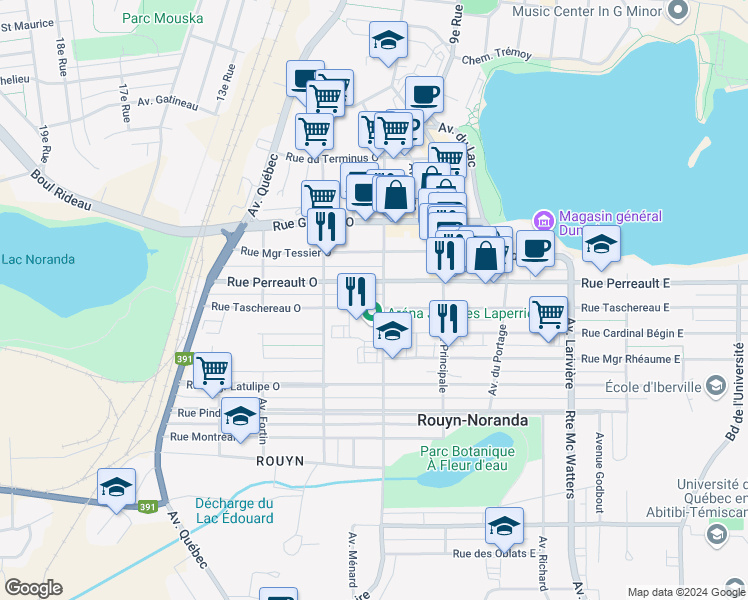 map of restaurants, bars, coffee shops, grocery stores, and more near 94 Rue Taschereau Ouest in Rouyn-Noranda