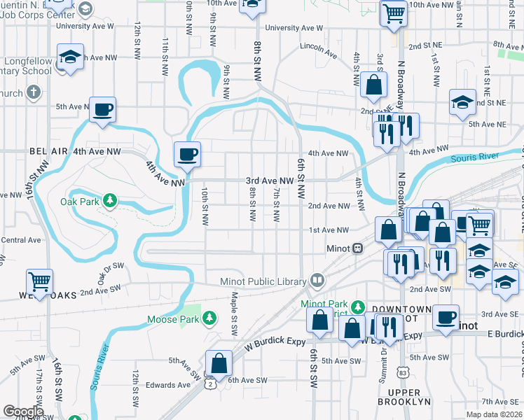 map of restaurants, bars, coffee shops, grocery stores, and more near 101 7th Street Southwest in Minot