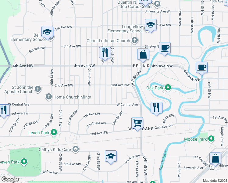 map of restaurants, bars, coffee shops, grocery stores, and more near 14 19th Street Northwest in Minot