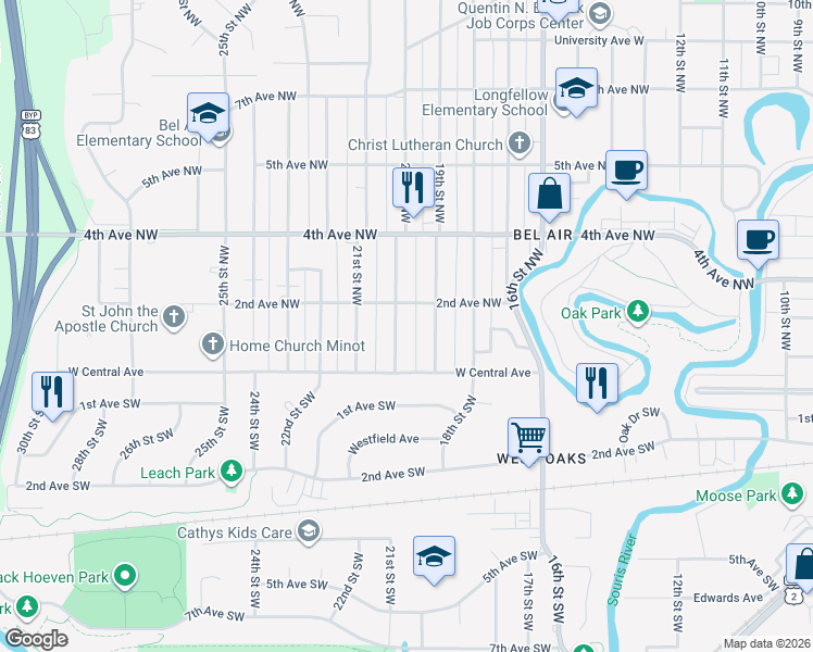 map of restaurants, bars, coffee shops, grocery stores, and more near 16 20th Street Northwest in Minot