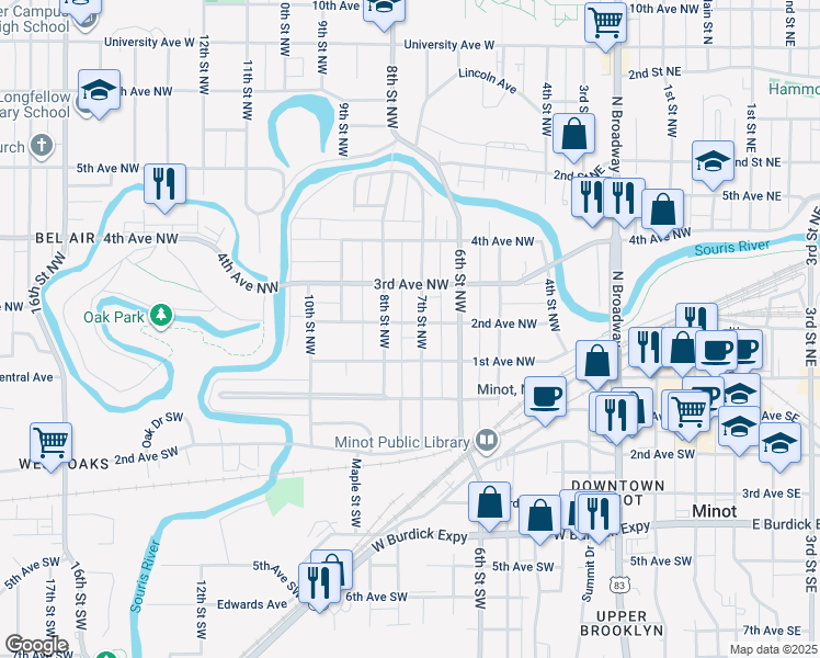 map of restaurants, bars, coffee shops, grocery stores, and more near 101 7th Street Southwest in Minot