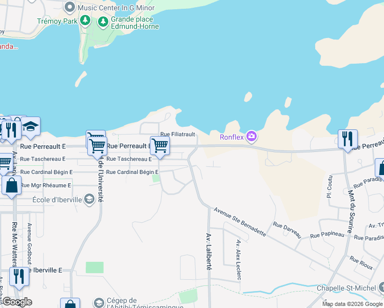 map of restaurants, bars, coffee shops, grocery stores, and more near Taschereau Street East in Rouyn-Noranda