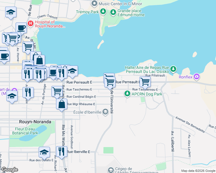 map of restaurants, bars, coffee shops, grocery stores, and more near 401 Rue Taschereau Est in Rouyn-Noranda