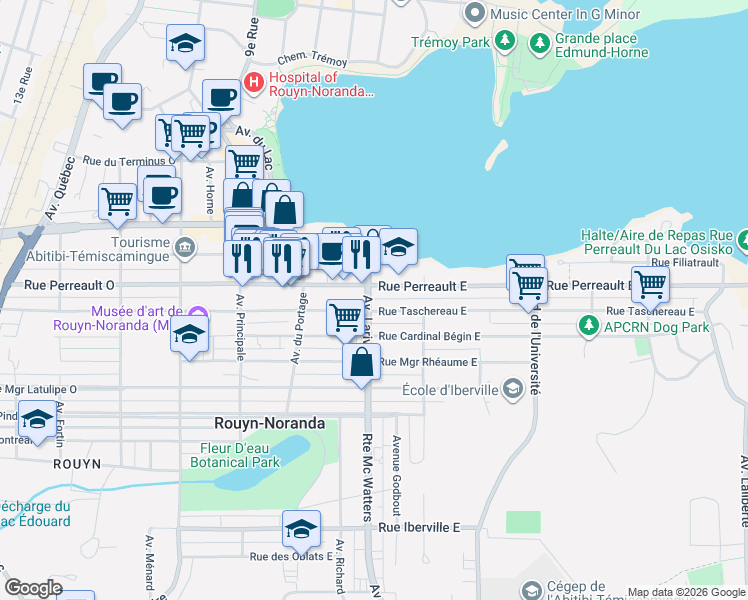 map of restaurants, bars, coffee shops, grocery stores, and more near 191 Avenue Larivière in Rouyn-Noranda