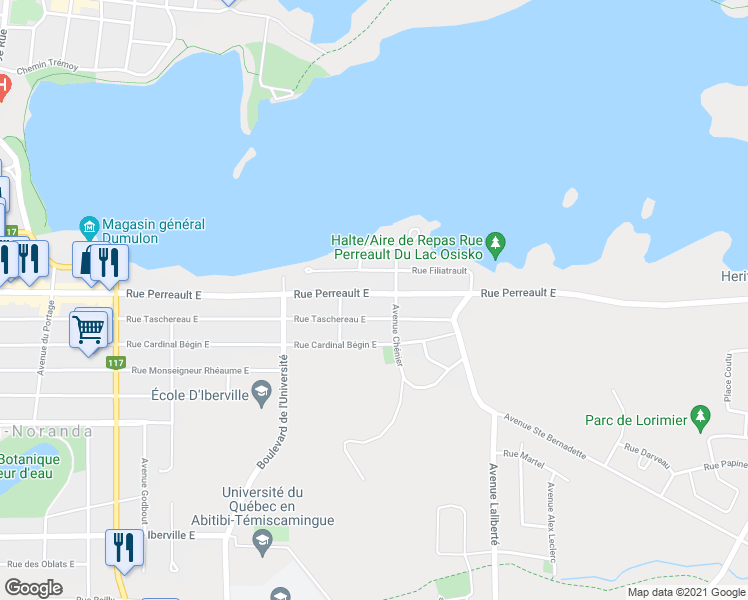 map of restaurants, bars, coffee shops, grocery stores, and more near 542 Rue Perreault Est in Rouyn-Noranda