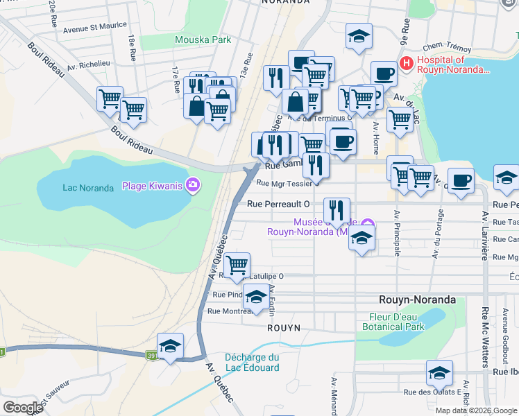 map of restaurants, bars, coffee shops, grocery stores, and more near 281 Rue Perreault Ouest in Rouyn-Noranda