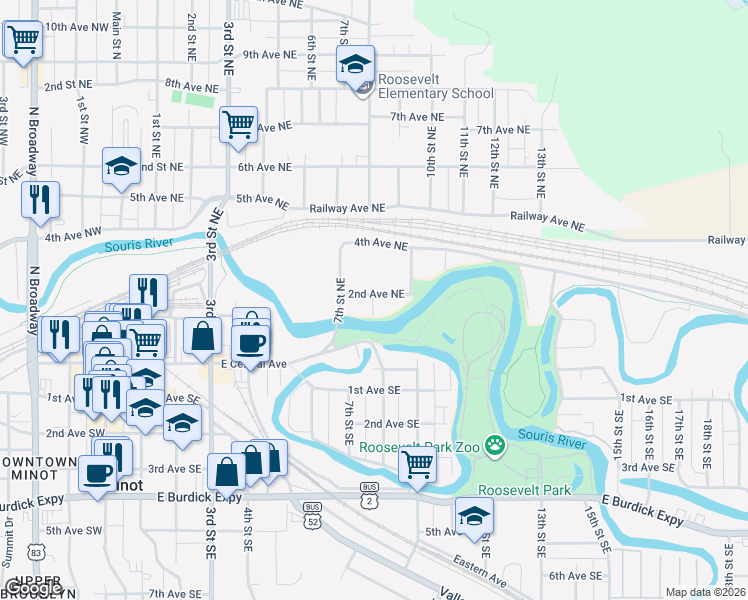 map of restaurants, bars, coffee shops, grocery stores, and more near 2 8th Street Northeast in Minot