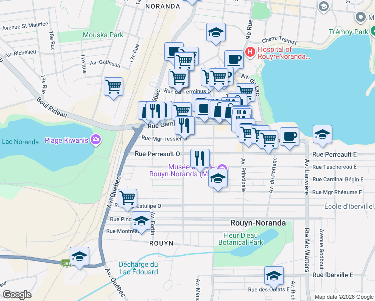 map of restaurants, bars, coffee shops, grocery stores, and more near 158 Rue Perreault Ouest in Rouyn-Noranda