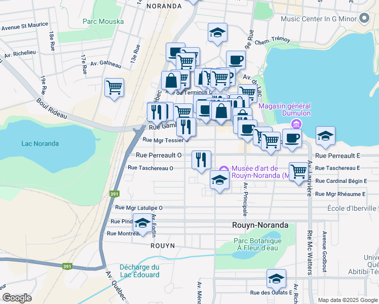 map of restaurants, bars, coffee shops, grocery stores, and more near 158 Rue Perreault Ouest in Rouyn-Noranda