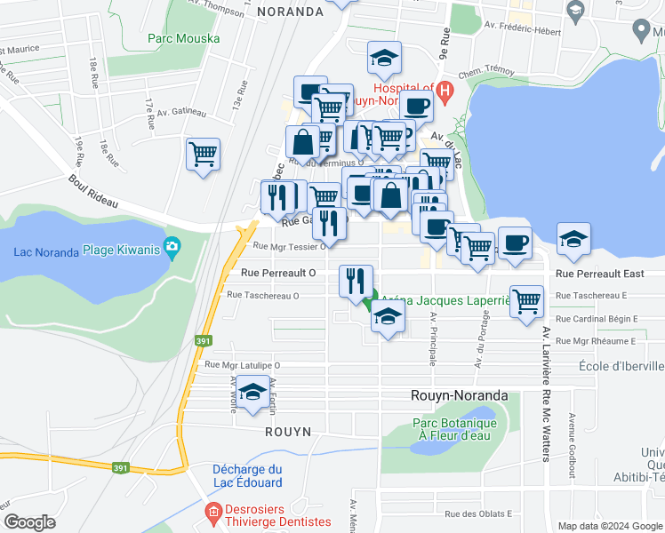 map of restaurants, bars, coffee shops, grocery stores, and more near Avenue Mercier in Rouyn-Noranda