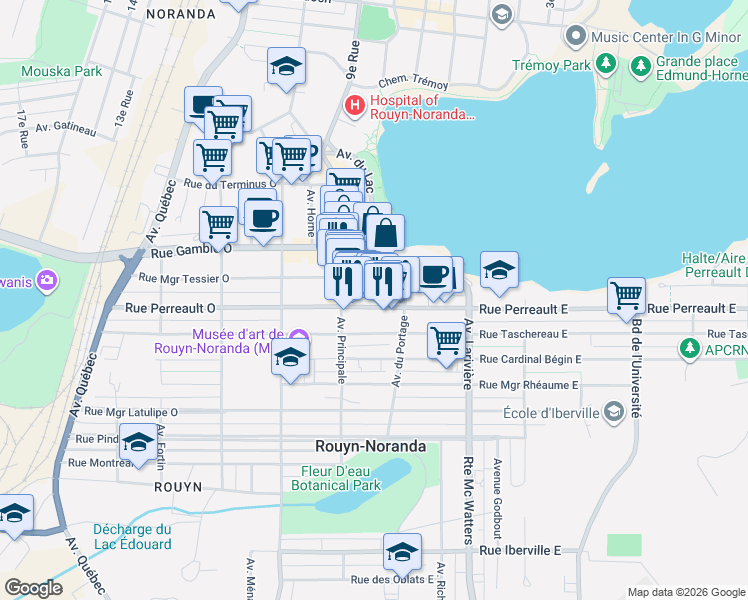 map of restaurants, bars, coffee shops, grocery stores, and more near 45 Rue Perreault Est in Rouyn-Noranda