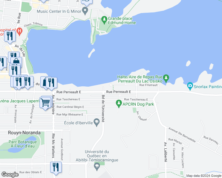 map of restaurants, bars, coffee shops, grocery stores, and more near 445 Rue Perreault Est in Rouyn-Noranda