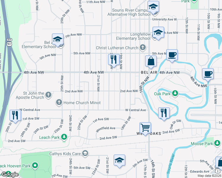 map of restaurants, bars, coffee shops, grocery stores, and more near 1918 2nd Avenue Northwest in Minot
