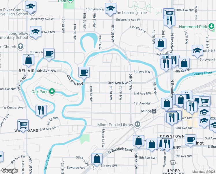 map of restaurants, bars, coffee shops, grocery stores, and more near 215 8th Street Northwest in Minot