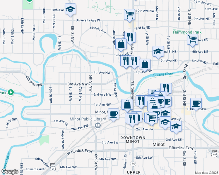 map of restaurants, bars, coffee shops, grocery stores, and more near 413 3rd Avenue Northwest in Minot