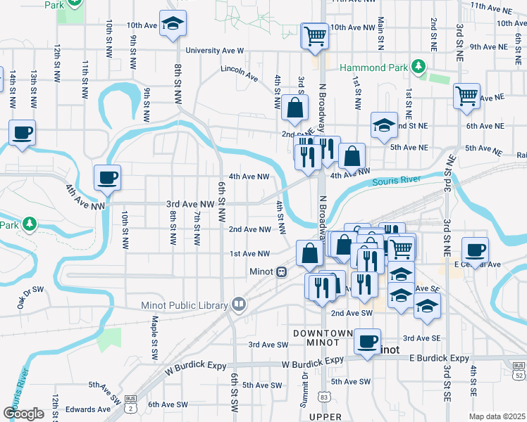 map of restaurants, bars, coffee shops, grocery stores, and more near 413 3rd Avenue Northwest in Minot