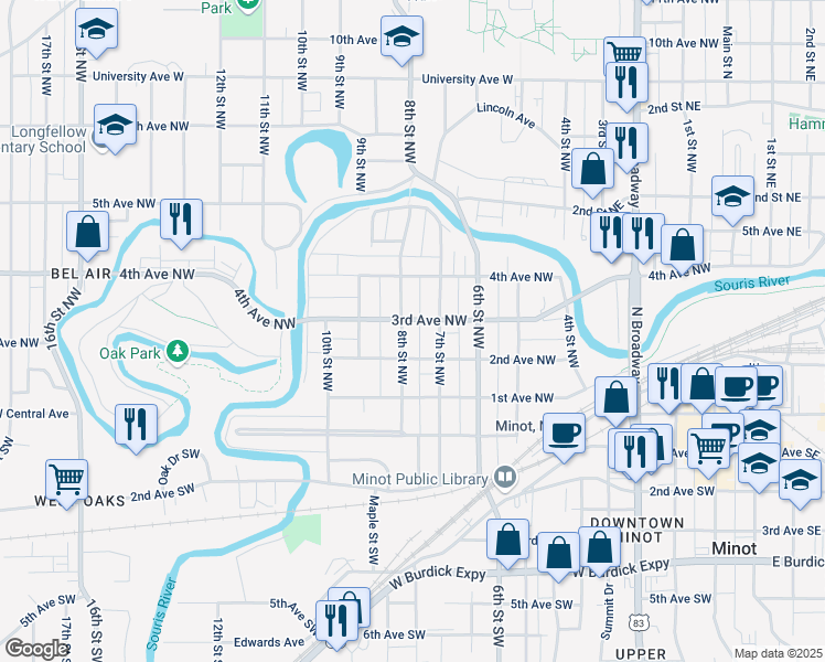 map of restaurants, bars, coffee shops, grocery stores, and more near 215 8th Street Northwest in Minot