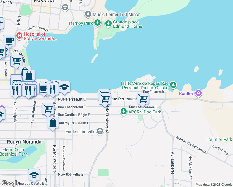 map of restaurants, bars, coffee shops, grocery stores, and more near 555 Rue Filiatrault in Rouyn-Noranda