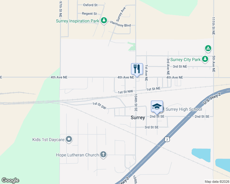map of restaurants, bars, coffee shops, grocery stores, and more near 7 2nd Avenue Northwest in Surrey