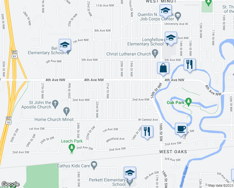 map of restaurants, bars, coffee shops, grocery stores, and more near 213 20th Street Northwest in Minot