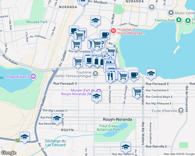 map of restaurants, bars, coffee shops, grocery stores, and more near 75 Rue Monseigneur Tessier Ouest in Rouyn-Noranda