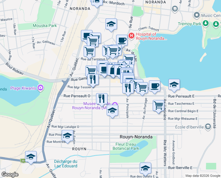 map of restaurants, bars, coffee shops, grocery stores, and more near 155 Avenue Dallaire in Rouyn-Noranda