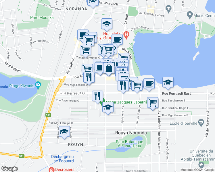 map of restaurants, bars, coffee shops, grocery stores, and more near 75 Rue Monseigneur Tessier Ouest in Rouyn-Noranda