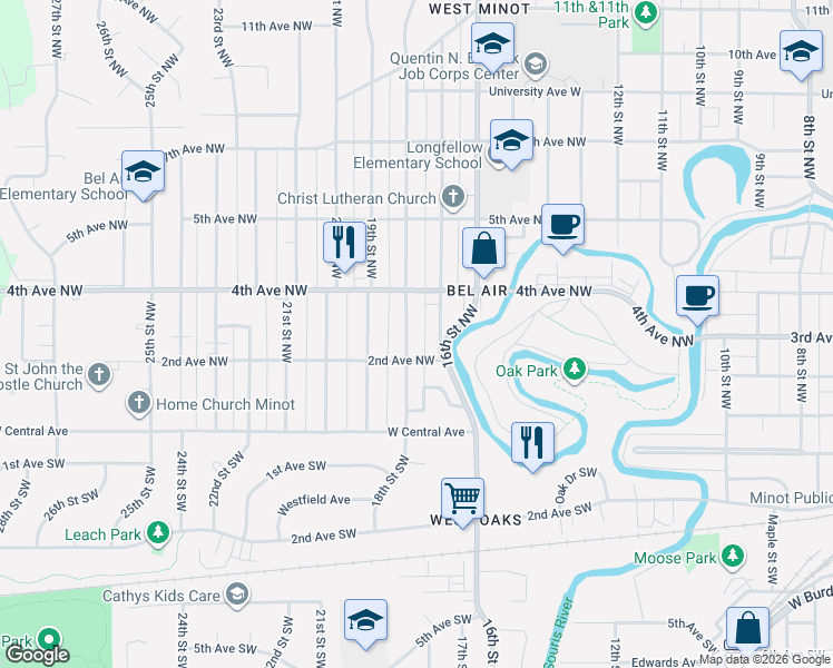 map of restaurants, bars, coffee shops, grocery stores, and more near 201 18th Street Northwest in Minot